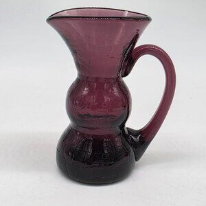 Vintage Amethyst Purple Crackle Glass Pitcher Vase With Handle 4"